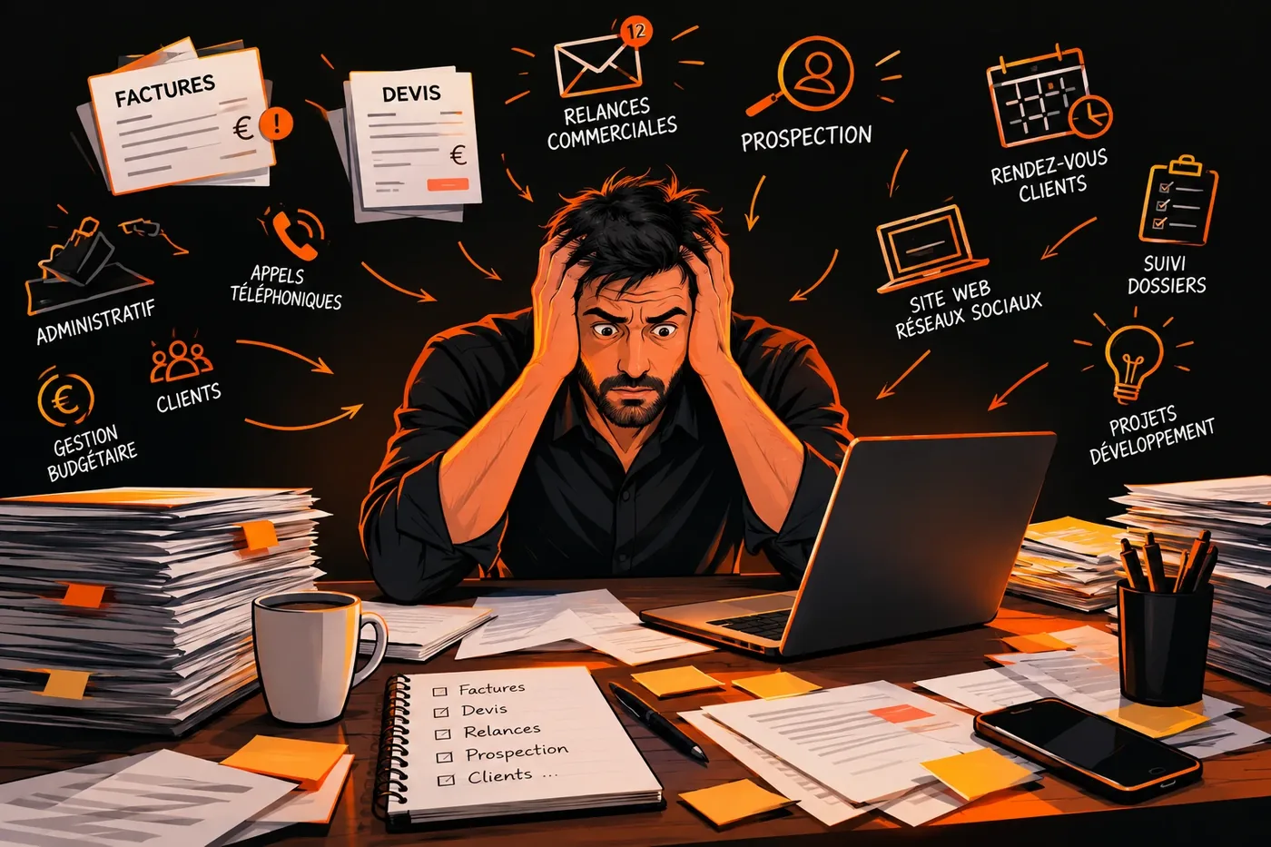 Un dirigeant de petite entreprise, assis à son bureau couvert de papiers, se tient la tête à deux mains. Autour de lui s'accumulent les factures, les devis, les relances, la prospection, les rendez-vous clients, le site web et les réseaux sociaux.