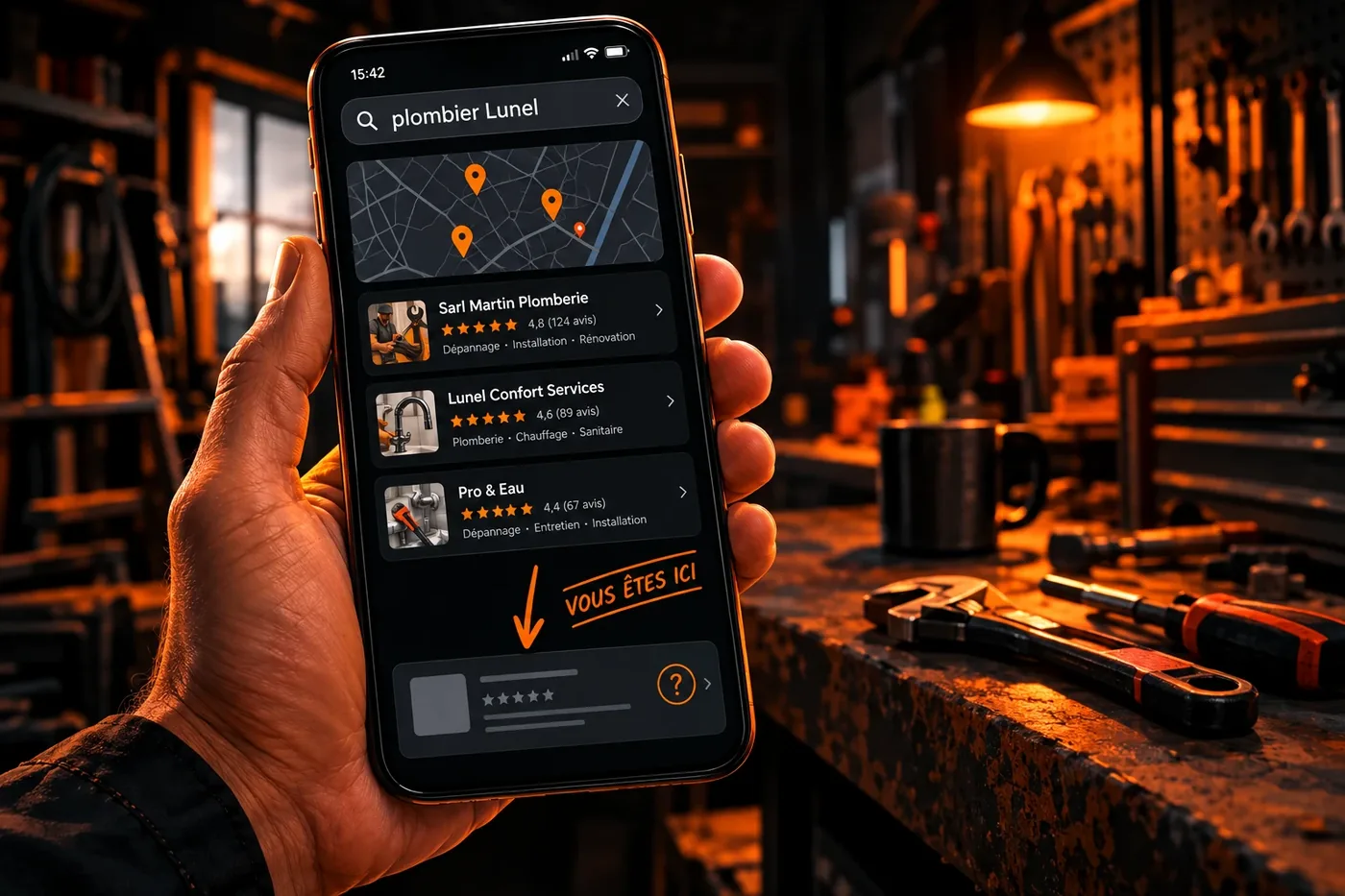 Une main tient un téléphone affichant une recherche « plombier Lunel ». Une carte et trois fiches d'entreprises bien remplies occupent le haut de l'écran. Tout en bas, une quatrième fiche vide et grisée, désignée par une flèche et la mention « vous êtes ici ».