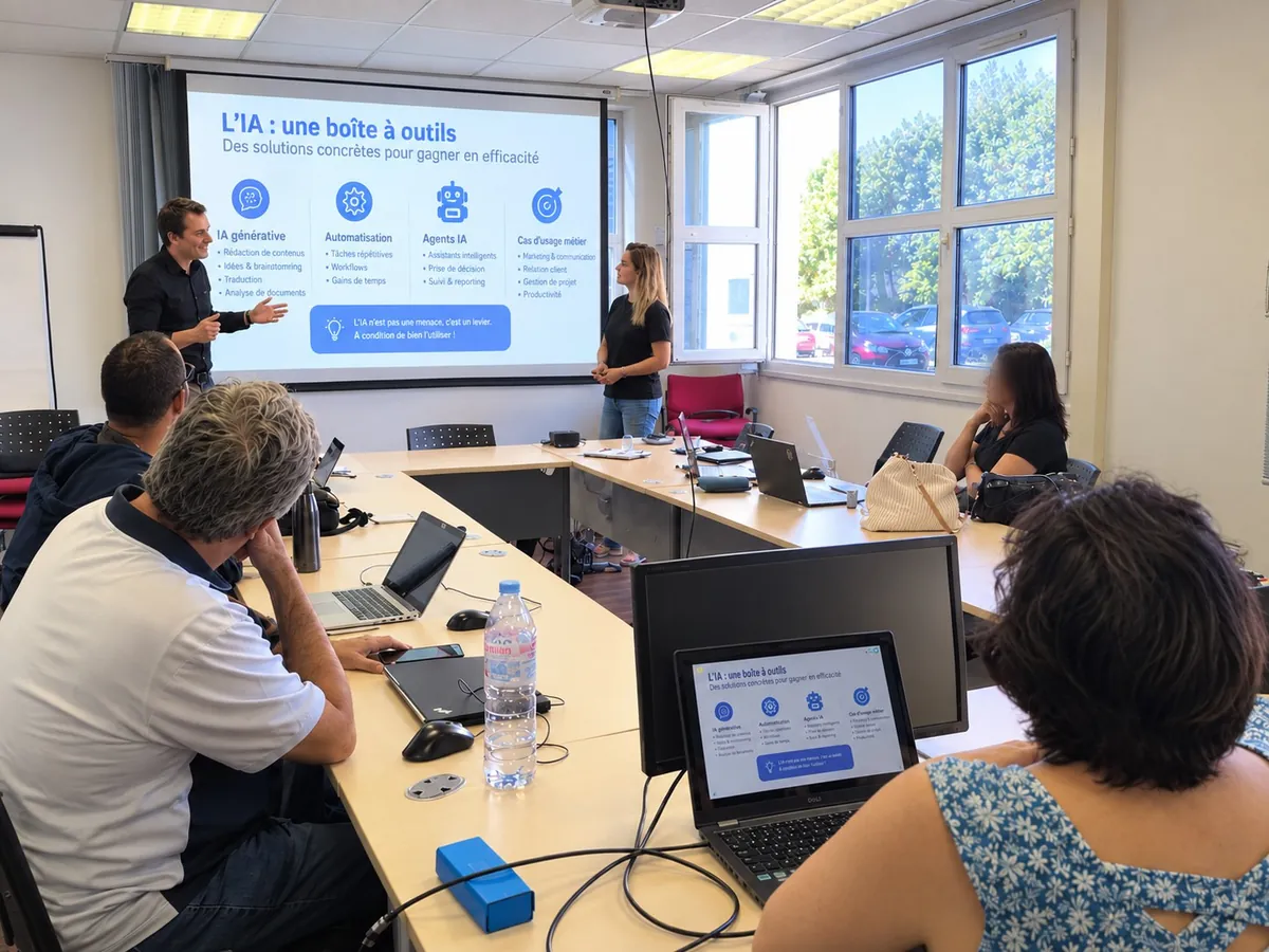 Session de formation à l'intelligence artificielle animée par Davy SILVA, participants devant leurs ordinateurs